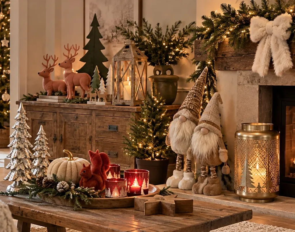Wohnzimmer mit Weihnachtsdeko: Rentiere, Laterne, Wichtel und Windlichter am Kamin